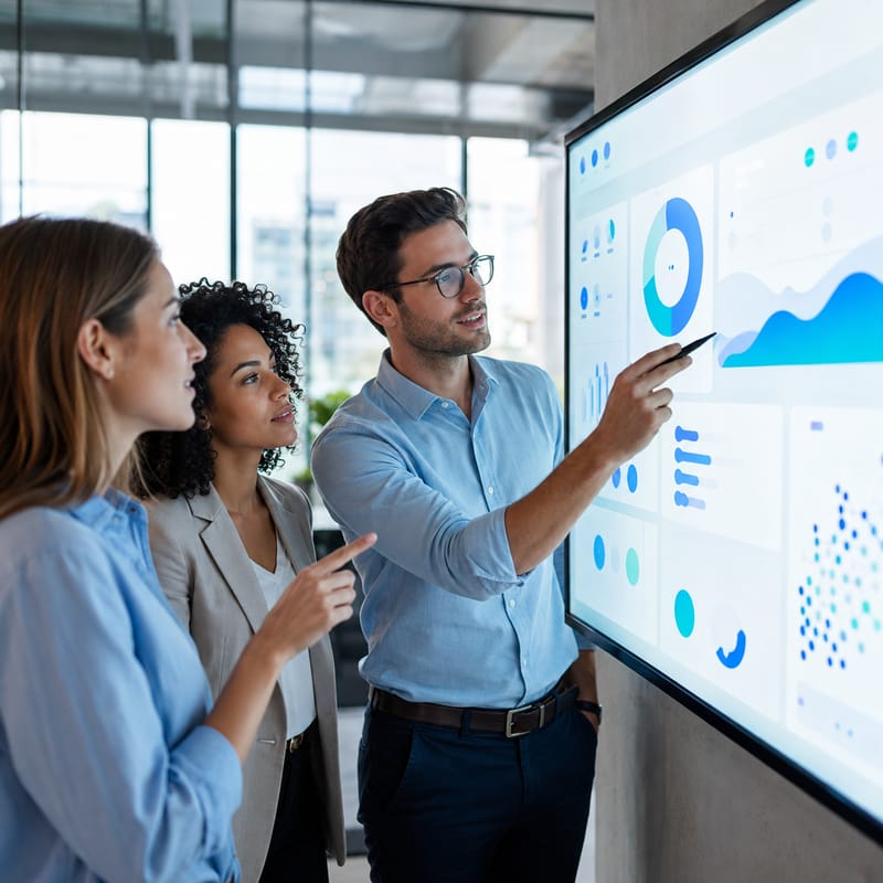 A team in a bright office reviewing a live analytics dashboard together on a large touchscreen.