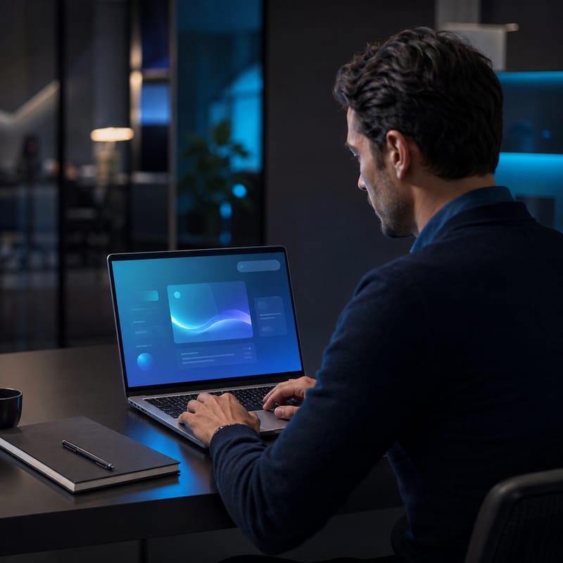 A professional working at a laptop that shows a clean AI dashboard, in a modern office at night.