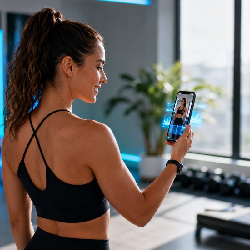 A fitness trainer holding a phone that shows an AI workout-analysis app, in a gym with dumbbells behind.